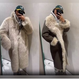 Zara double faces reversible Brown and Cream Faux Fur Coat